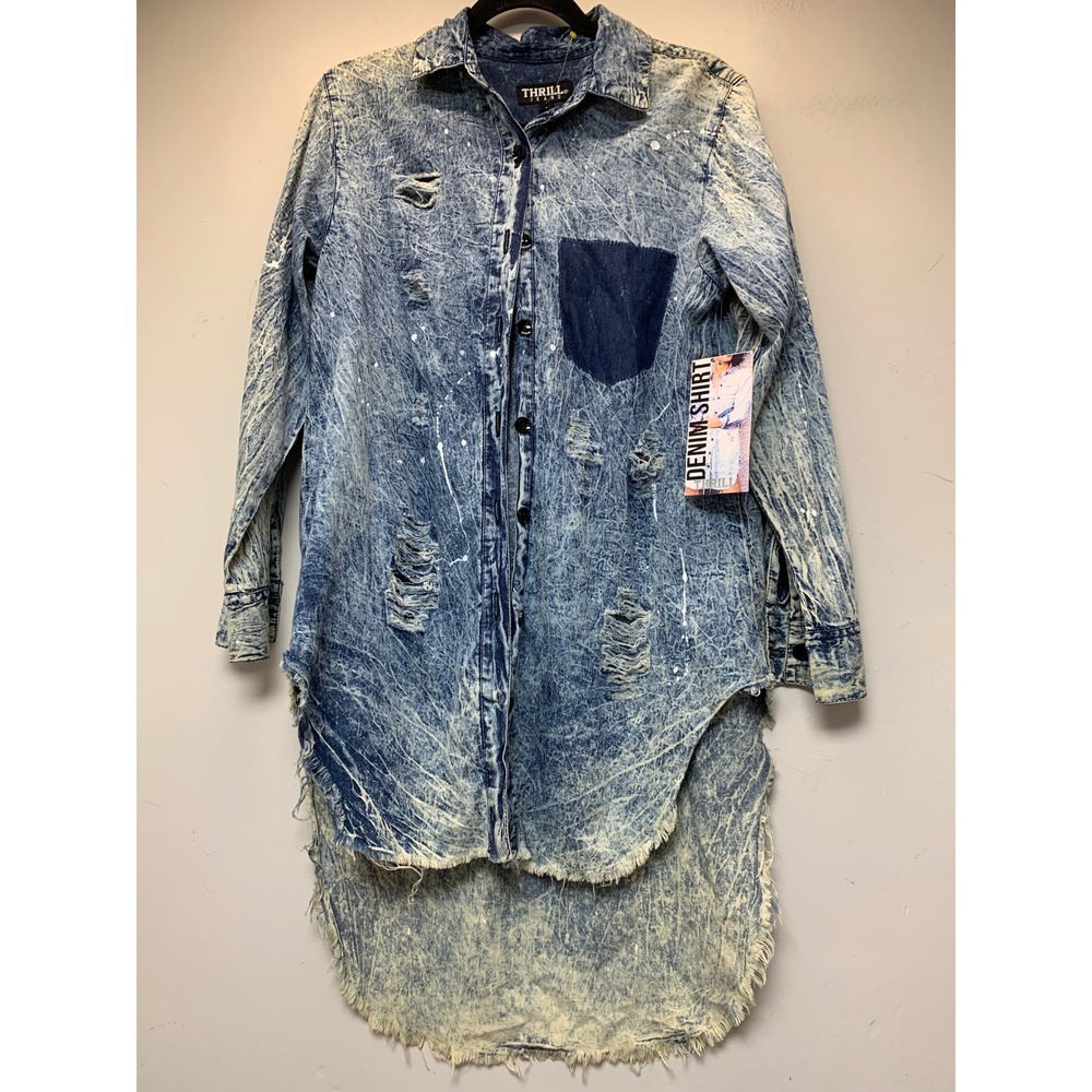 Thrill Jeans Denim Shirt Dress Womens M Blue Acid Wash NWT Distressed High Low